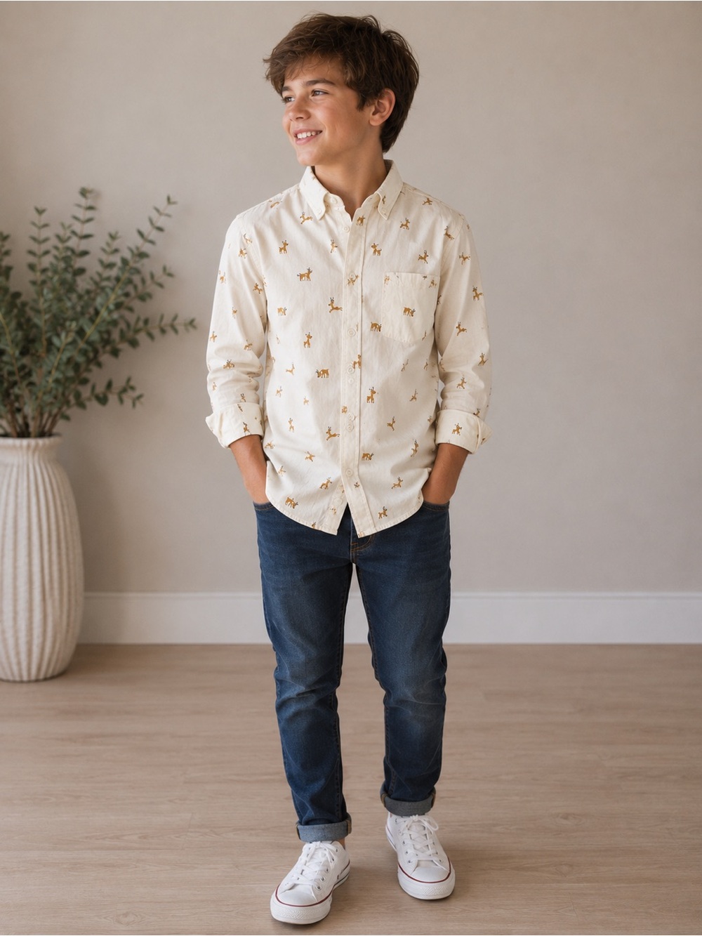 Boys' Cream Button-Down Shirt with reindeer. Cute Christmas shirt. Size 7-8